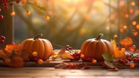 Autumn banner with pumpkins, berries and leaves. Generative AIの素材