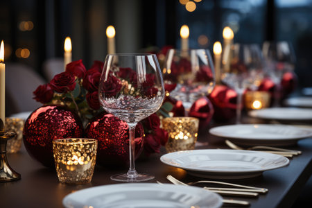 Christmas dinner table setting red roses, candles and Christmas ballsの素材