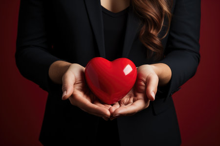Close up of red glossy heart in female handsの素材
