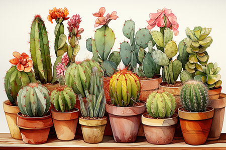 Watercolor illustration of a variety of cacti and succulentsの素材