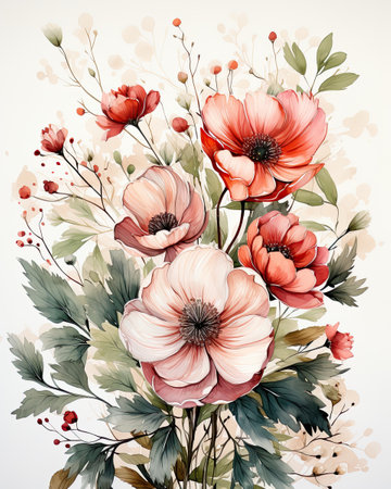 Charming watercolor illustration of bouquet of poppies on a white background for posters, cards, coversの素材