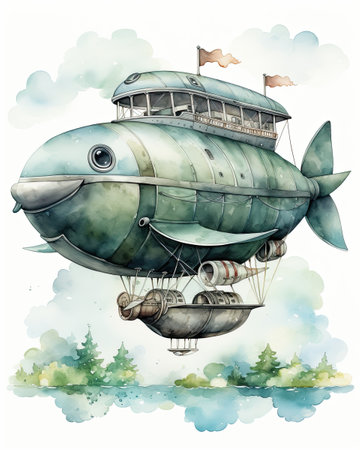 Airship in the shape of fish in watercolor. Illustration for children's book, cover, postcard or poster for nurseryの素材