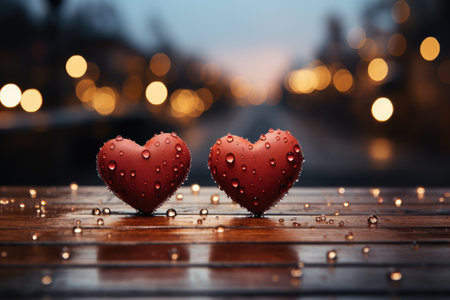 Two red hearts with drops on a blurred bokeh background. Valentine's Day Bannerの素材