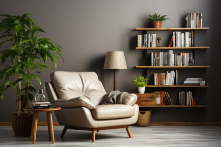 Cozy place to relax. Comfortable armchair, bookcase, coffee table, lamp and house plantsの素材