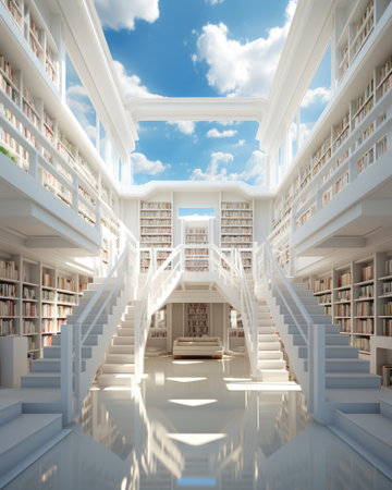 Modern snow-white library with a glass ceiling, stairs and many bookshelvesの素材