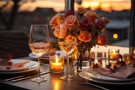 Romantic Valentine's Day evening with a bouquet of roses and candlesの素材