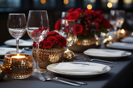 Festive table setting with red roses and candlesの素材