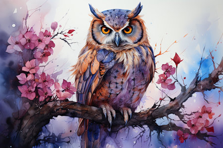 Owl on a branch of a flowering tree. Watercolor illustrationの素材