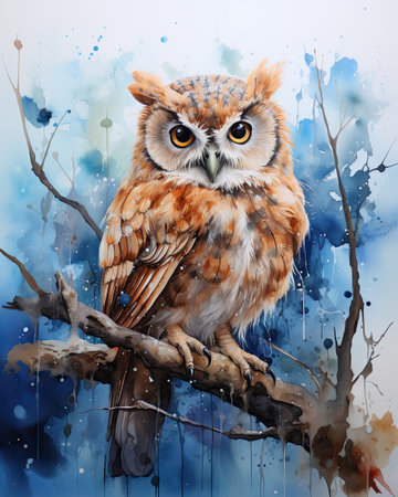 Watercolor illustration of owl on a branchの素材