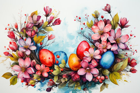 Watercolor illustration of an Easter wreath with Easter eggs and spring flowersの素材