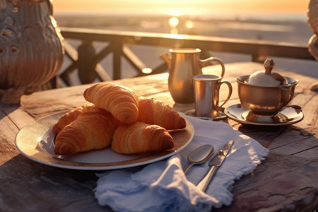 Breakfast with coffee and croissants on the outdoor terrace of the cafe overlooking the sunriseの素材