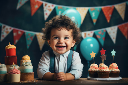 Fun cute one year old baby boy celebrating his birthday with sweet cupcakes. Babies First Birthdayの素材