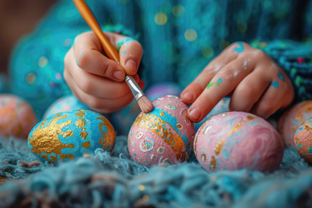 Children's hands carefully embellishing Easter eggs with golden paint surrounded by a vibrant array of artistically painted eggsの素材