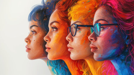 Vibrant illustration of four women profiles with colorful, abstract painted features and stylish eyeglassesの素材