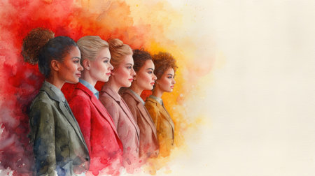 Watercolor side profiles of five diverse women with a dynamic fiery watercolor backdrop in red to yellow huesの素材