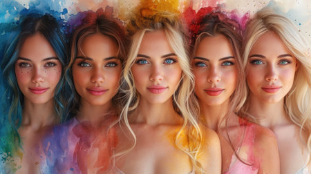 Stunning digital art of five women with a splash of watercolor effects in a spectrum of vibrant hair colorsの素材