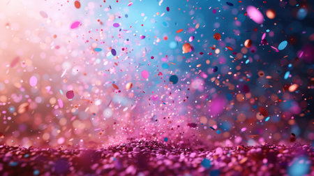 Colorful confetti particles with a blurred pink and blue backgroundの素材
