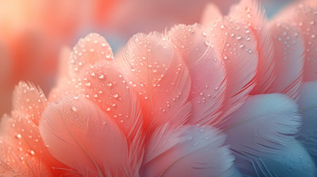 Pastel-colored feathers with water droplets on a soft backgroundの素材