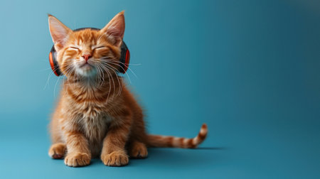 Satisfied happy kitten in headphones on blue background. Banner with place for textの素材