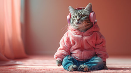 A cat in a hoodie and jeans with headphones sits on the floor in a cozy roomの素材