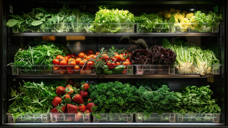 Fresh vegetables and herbs organized in a supermarket refrigerator display. Organic and healthy food conceptの素材
