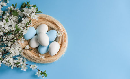 Easter eggs in a nest with spring blossoms on a blue background. Banner with copy space