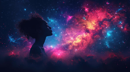 Silhouette of a woman against a vibrant cosmic background with stars and nebulaeの素材