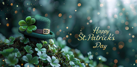 Inscription Happy St. Patrick's Day with green hat and shamrock on blurred forest backgroundの素材