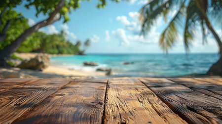 Wooden tablettop against the backdrop of a tropical beach with palm treesの素材