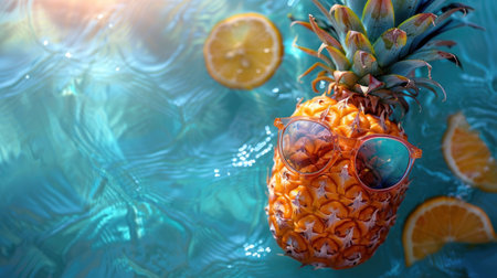 Top view of pineapple wearing sunglasses in the swimming pool. Banner. Summer holiday and travel conceptの素材