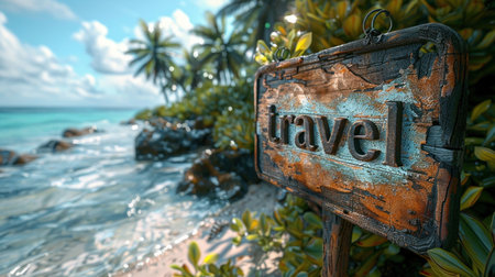 Wooden sign with the inscription Travel on a tropical beachの素材