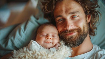 Portrait of a happy young father with a newborn babyの素材
