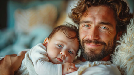 Young dad embraces their newborn with care and loveの素材