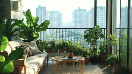 Sunlit balcony features cozy sofa and coffee table surrounded by diverse green plants with blurred city skyline in background. Ideal for themes of urban oasis, indoor-outdoor living and green designの素材