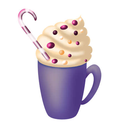 sweet drink in blue mug with pink froth, caramel. New Year, Merry Christmasの写真素材