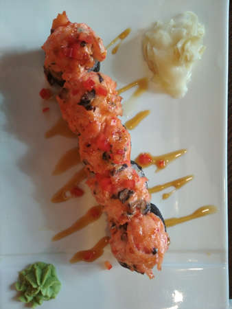 Set of delicious baked japanese sushi rollsの写真素材