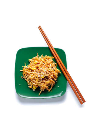 Soybean Sprouts on green plateの写真素材