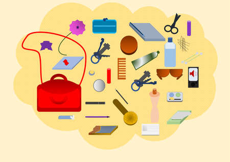 lady's bag's content humorous drawing about the things that are vital for every womanのイラスト素材