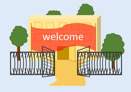 a building with an open gate and the flag Welcomeのイラスト素材