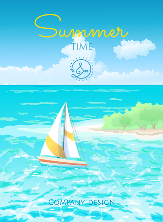 Vector illustration of tropical seascape with a floating yacht. Template summer time for the design of banners, posters, flyers.のイラスト素材