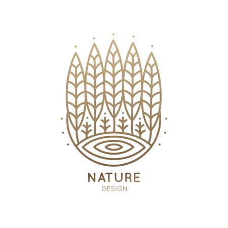 Vector logo of nature elements. Linear icon landscape with trees, lake, sun - business emblems, badge for a travel, farming and ecology concepts, health and yoga Center.のイラスト素材