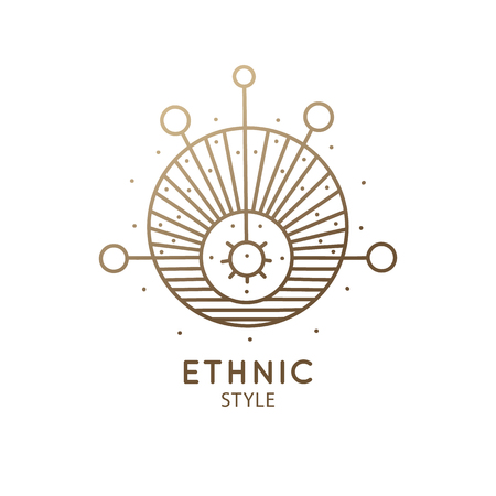 Sacred geometric shape logo. Vector symbol of sun, planets and moon in linear ethnic style. Alchemy abstract sign - balance balls, pendulum for design cards - astrology, holistic, zen, health, yogaのイラスト素材