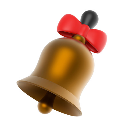 3d Render of golden bell with red bow on white backgroundの写真素材