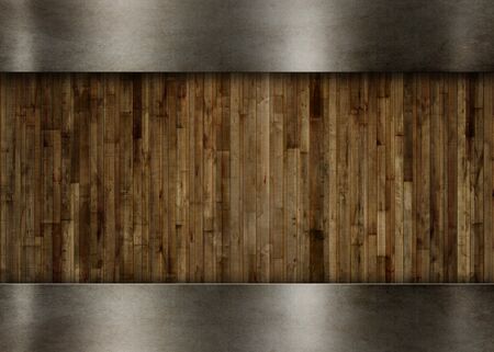 Wooden template for design.Old metal frame over wood background 3d illustrationの写真素材