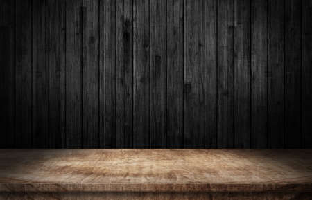 Wooden floor on black wall in dark room background. Vintage texture. Interior design wall. 3d...