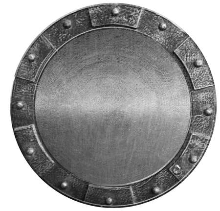 Old metal medieval shield isolated on white. 3d illustrationの写真素材