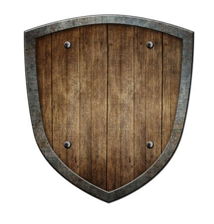 Wooden medieval shield with a metal frame isolated 3d illustration.の写真素材