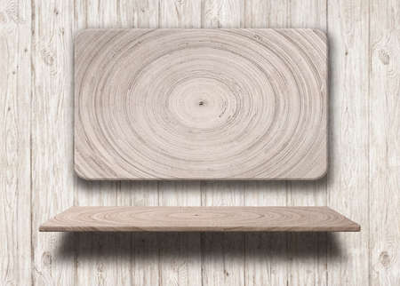 Old wooden shelves at white wall background, texture surface. 3d illustrationの写真素材