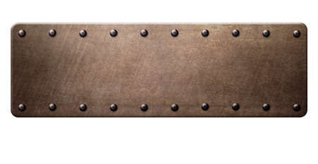 Old brass plate with rivets isolated on white background. 3d illustrationの写真素材
