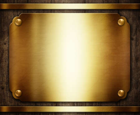 Wooden award plaque with gold plates 3d illustrationの写真素材